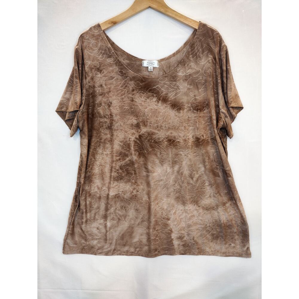 Shannon Ford New York Scoop Neck Embroidered Distressed Brown Tan Blouse Size 1X